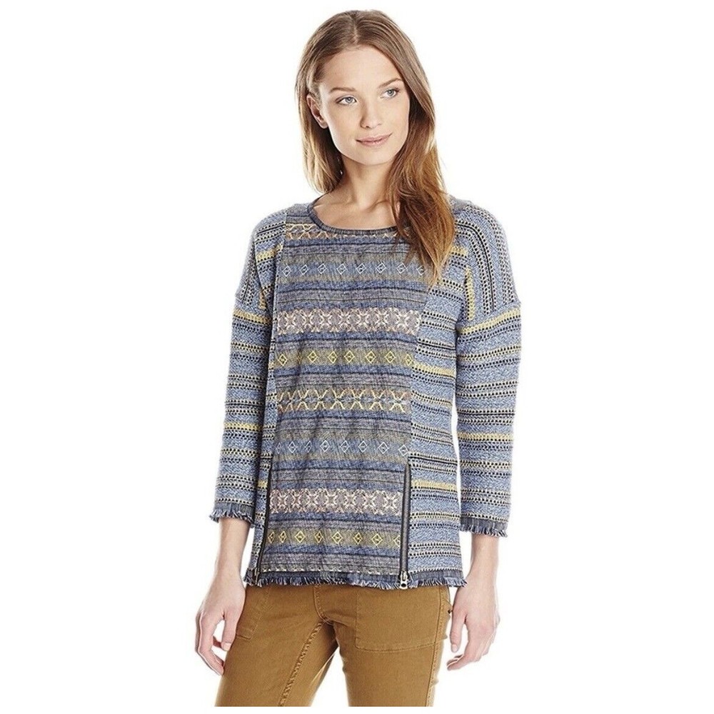 Lucky Brand Womens Sz XS Escape Bohemian Aztec Blue Sweater Exposed Zippers